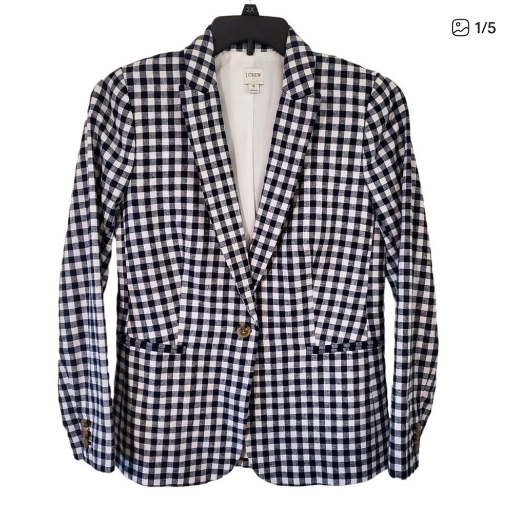 J Crew Factory Gingham linen blend Holland blazer Womens Size 8 Black White
